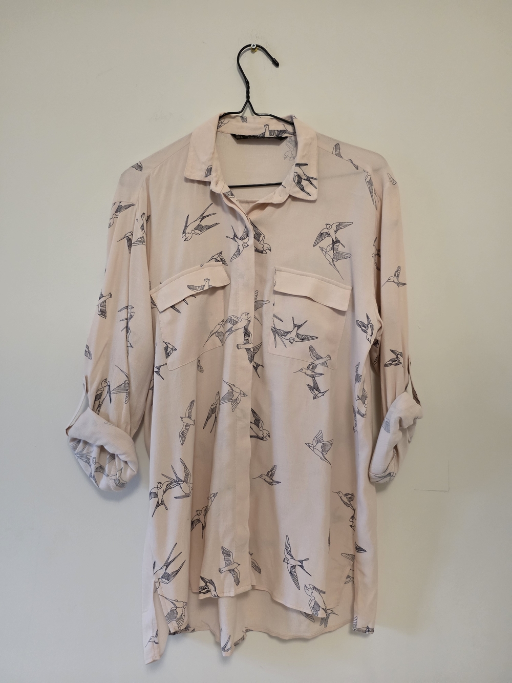 Zara Light Pink With Swallow Bird Print Button-Up Blouse